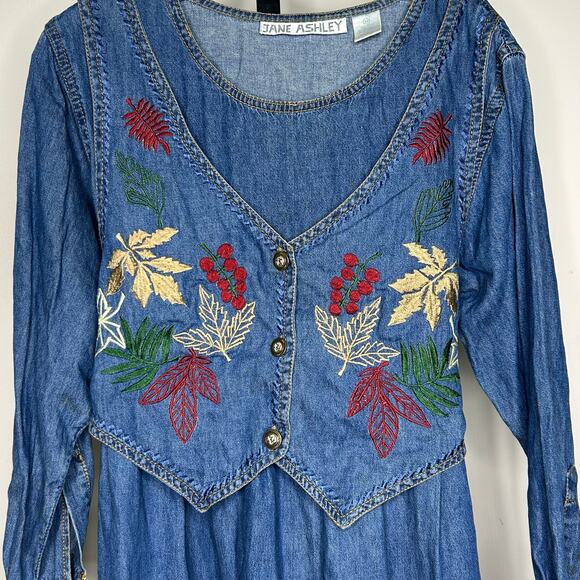 Vtg 90s JANE ASHLEY Medium Denim Maxi Dress Vest Embroidery Cottage Modest Fall - Picture 8 of 8